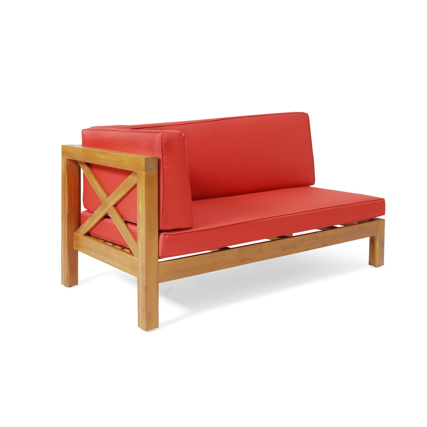 Red cushioned sectional patio sofa with natural wood frame and crisscross accents