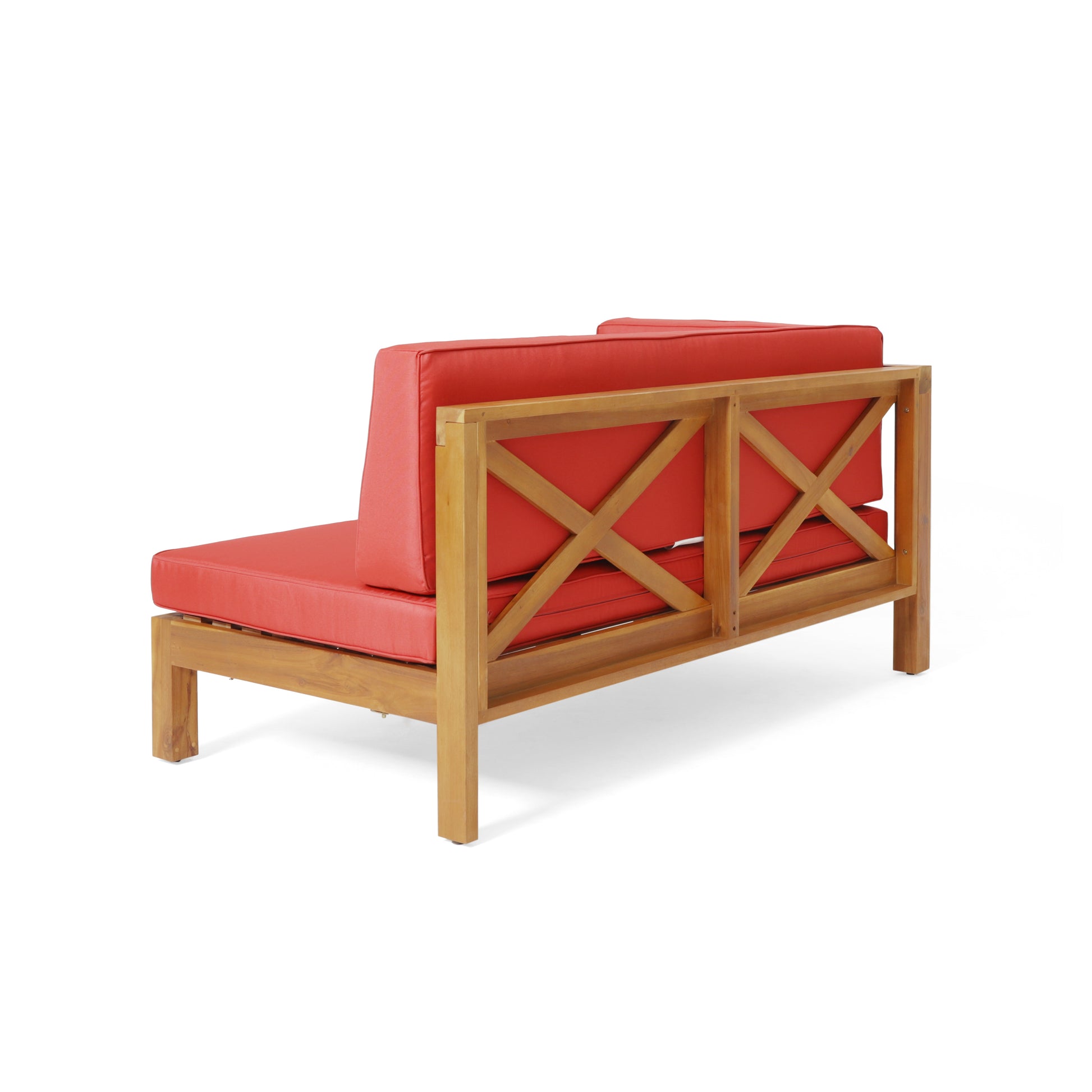 Wooden outdoor sofa section with red cushions featuring a crossback design