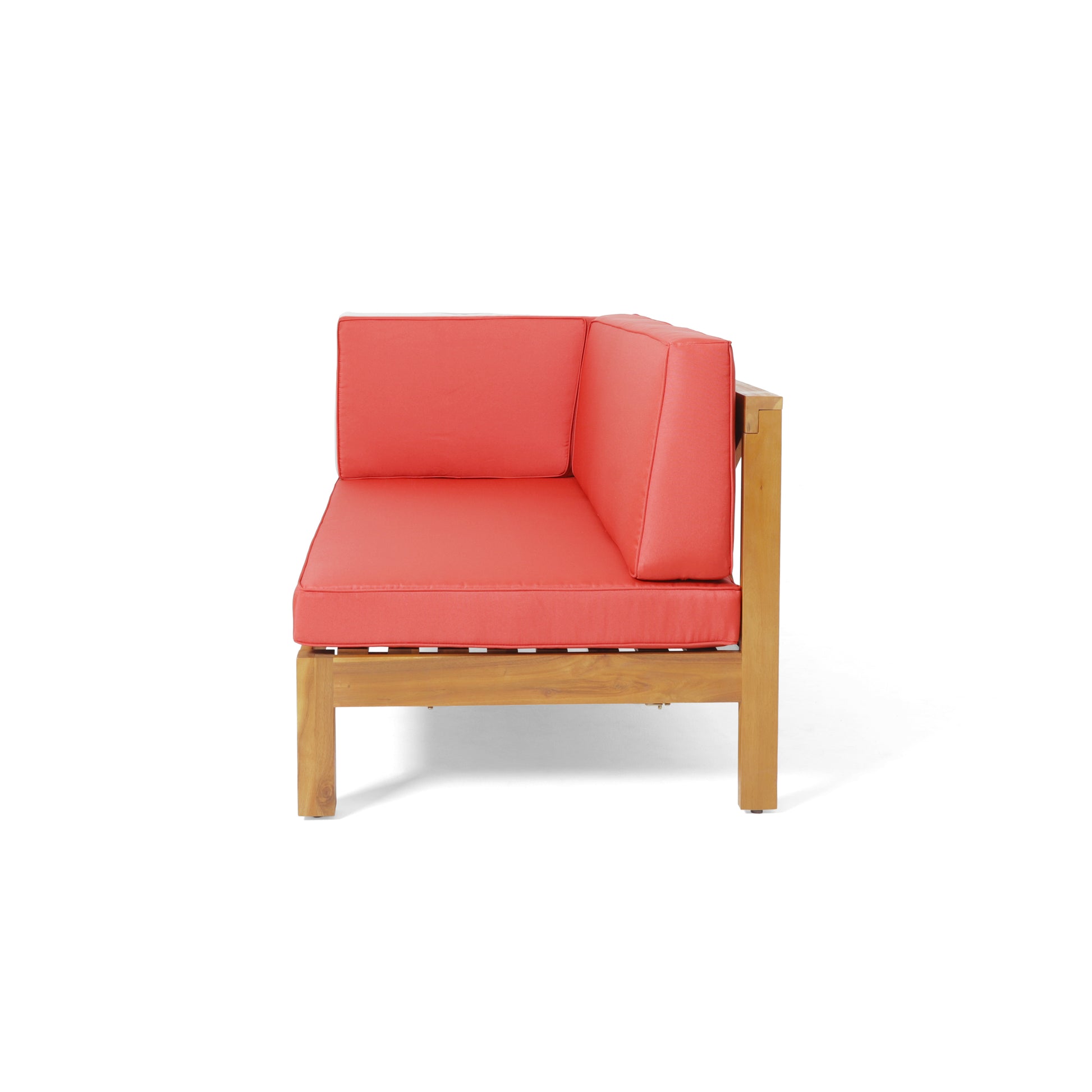 Teak wood outdoor corner sofa with coral cushions
