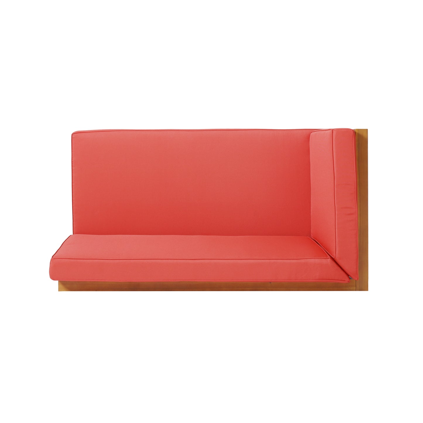Coral outdoor sectional sofa cushion with a wooden frame perfect for patio seating
