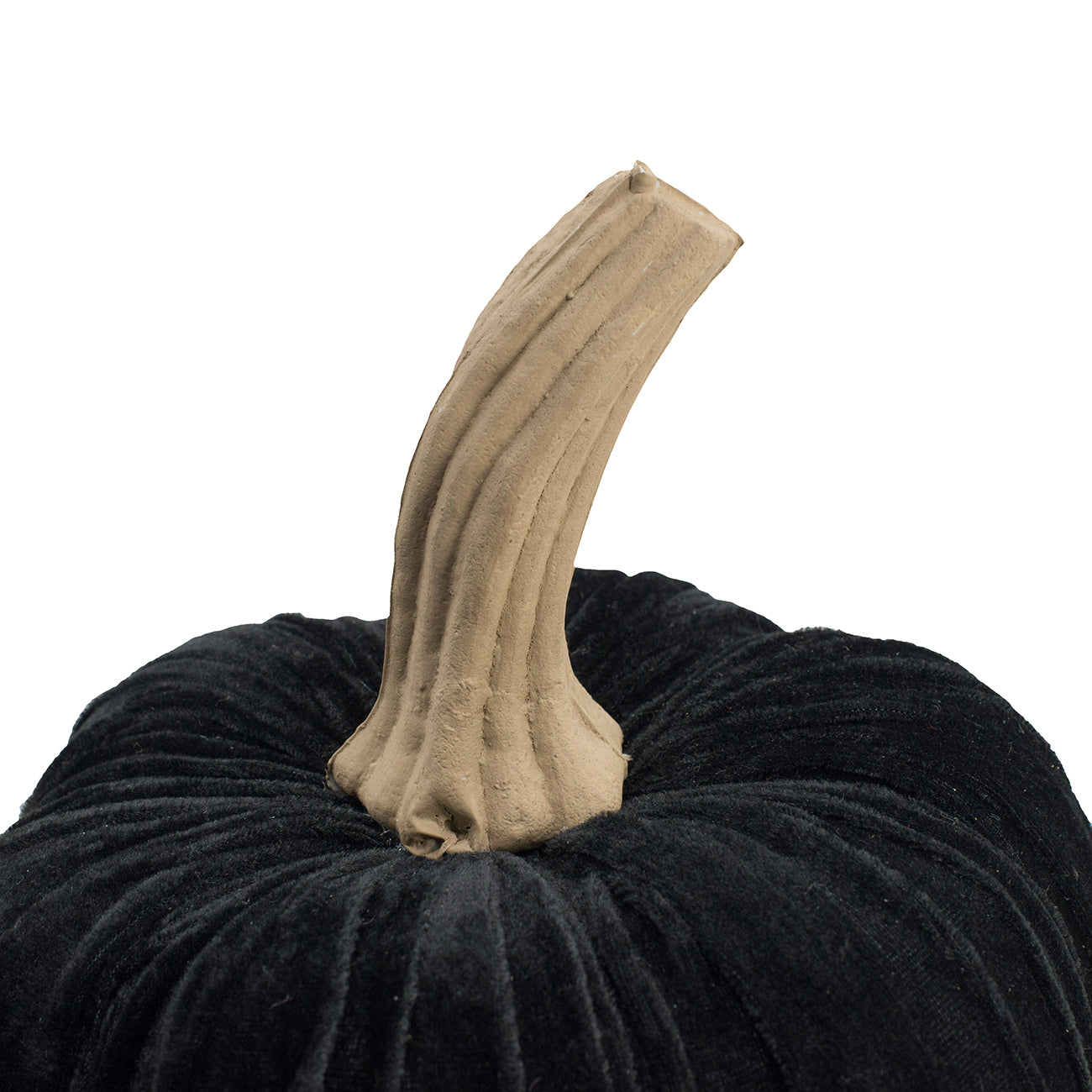 Textured black velvet pumpkin with a realistic taupe stem for Halloween decor