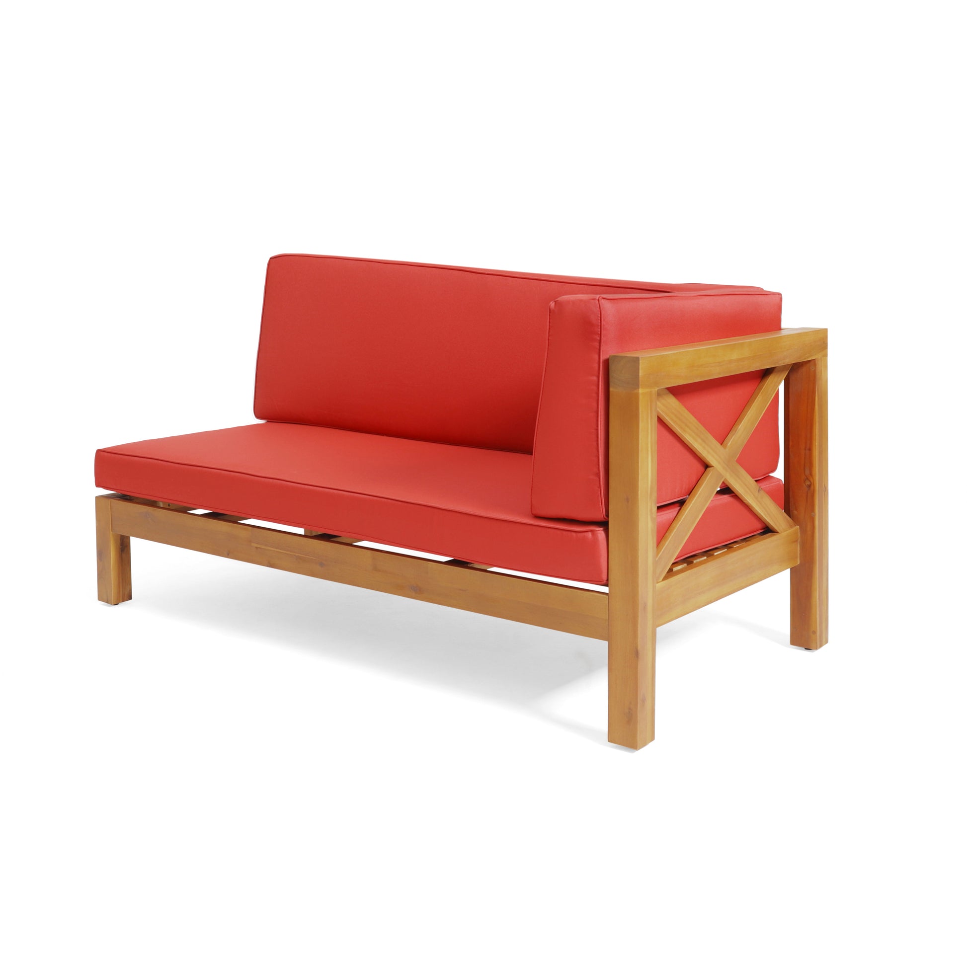 Corner outdoor sofa with red cushions and a natural wood frame perfect for patios