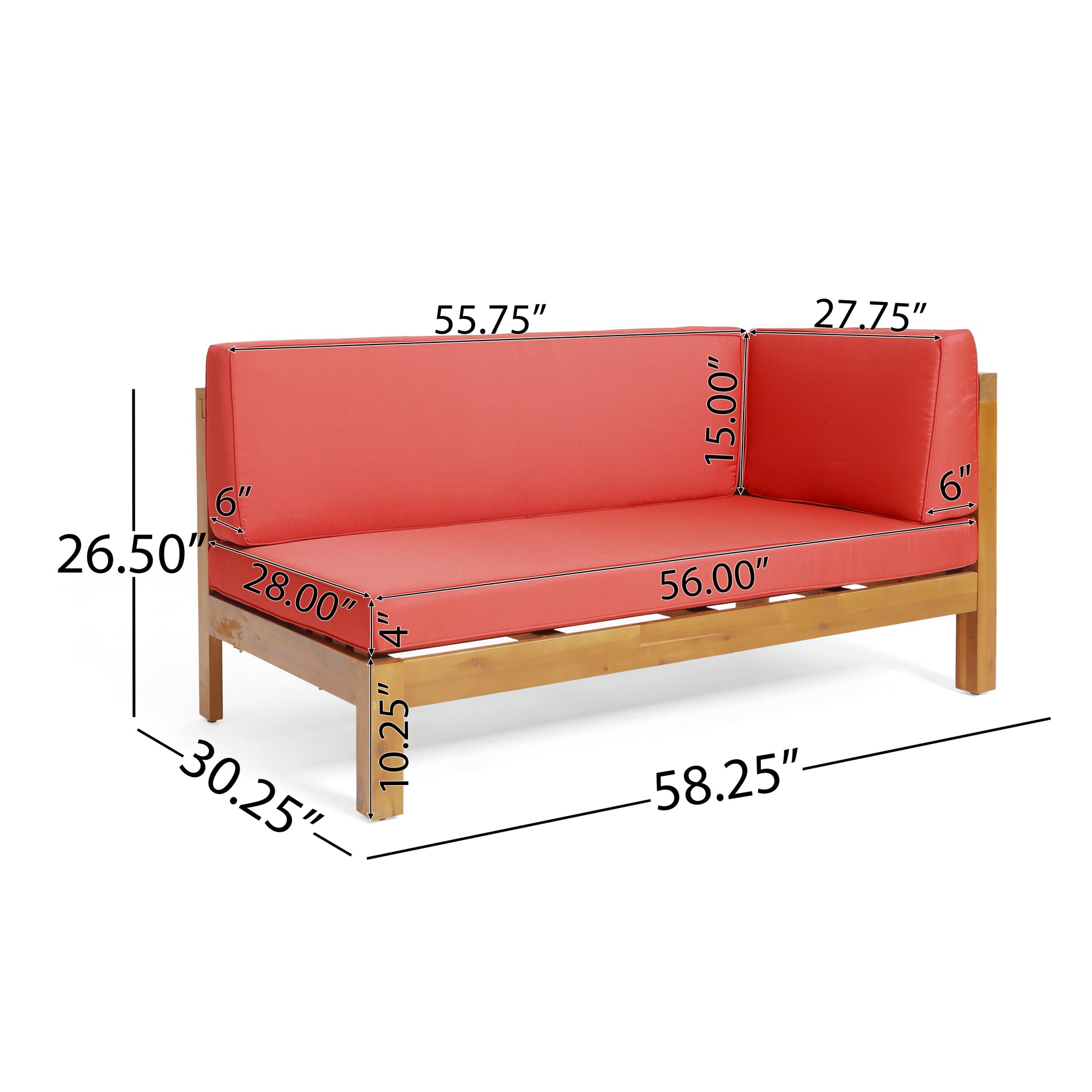 Red outdoor sofa with wooden frame and plush cushions  L