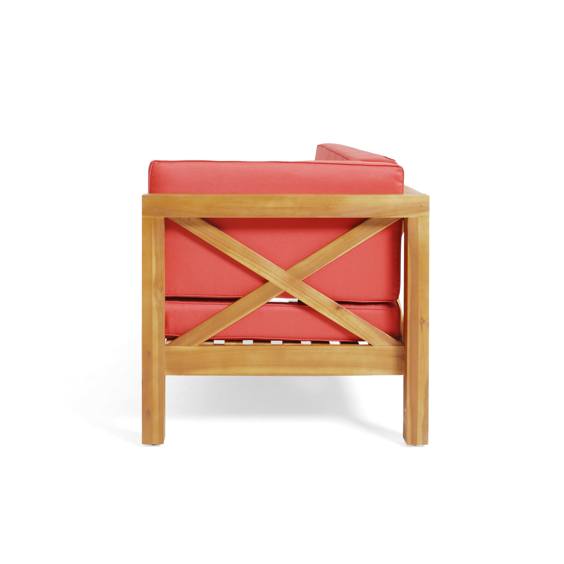 Wooden outdoor loveseat with coral cushions featuring Xframe back detail