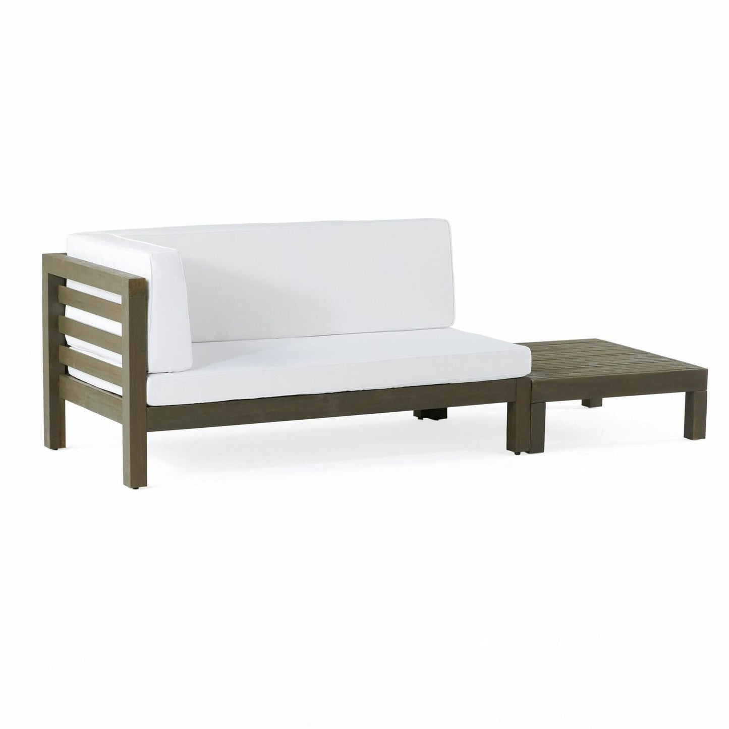 Modern grey wood outdoor sofa with white cushions and detached side table
