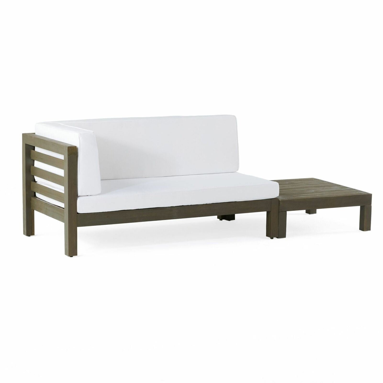 Modern grey wood outdoor sofa with white cushions and detached side table