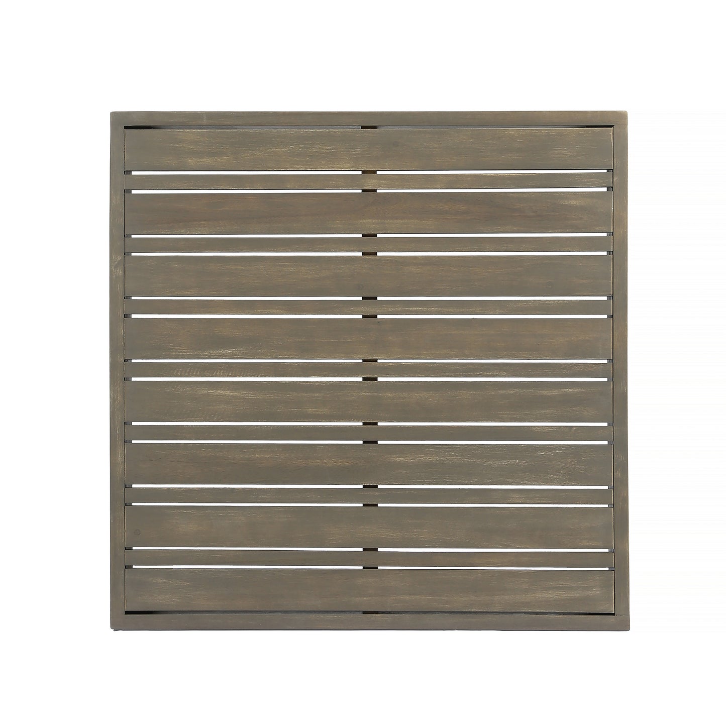 Weathered grey wooden privacy screen with horizontal slats for outdoor patios