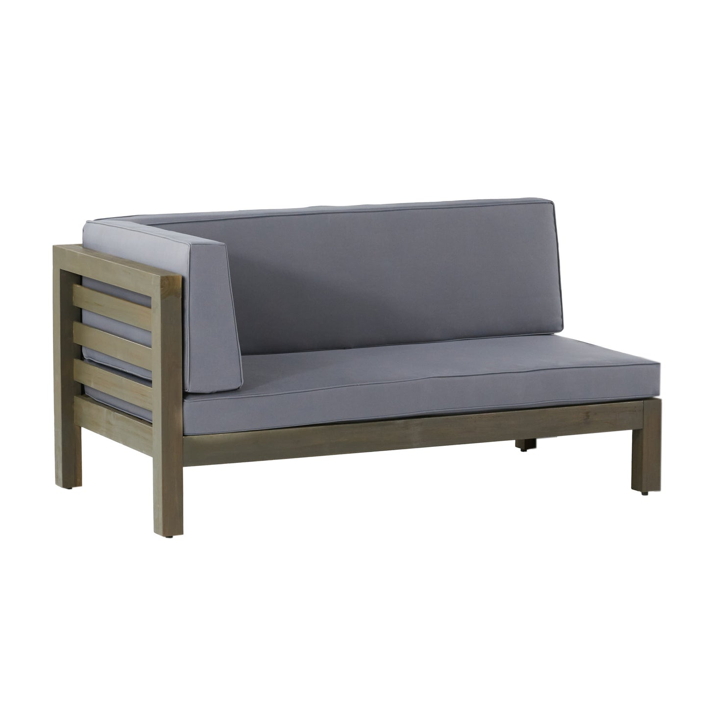 Modern sectional sofa in gray with slatted wood armrest for outdoor patio seating