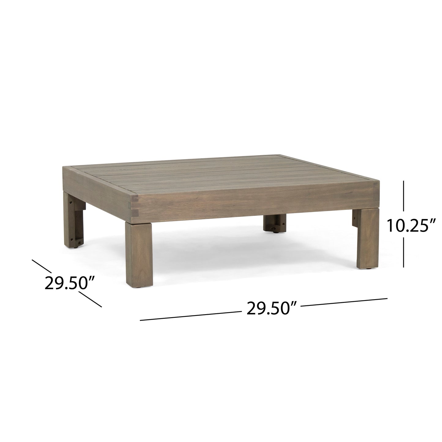 Rustic grey slatted wood coffee table with sturdy block legs perfect for outdoor patio use