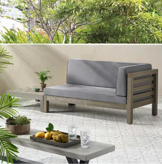 Modern gray outdoor sectional sofa with wood frame detail perfect for patio relaxation