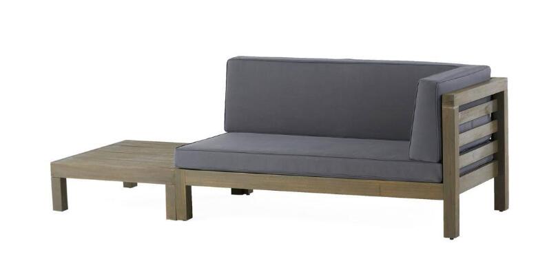 Gray upholstered outdoor sectional sofa with a builtin wooden side table