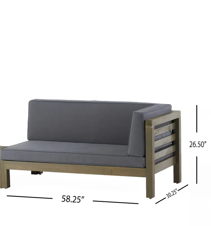 Modern grey outdoor sectional sofa with natural wood frame perfect for patio furniture