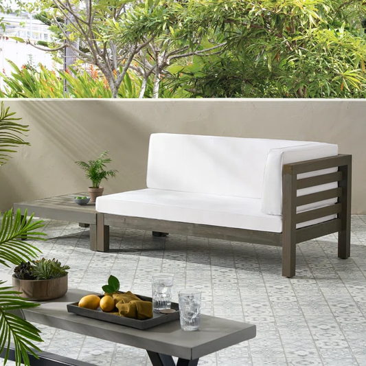 Gray wash wood outdoor sectional sofa with white cushions modern patio furniture