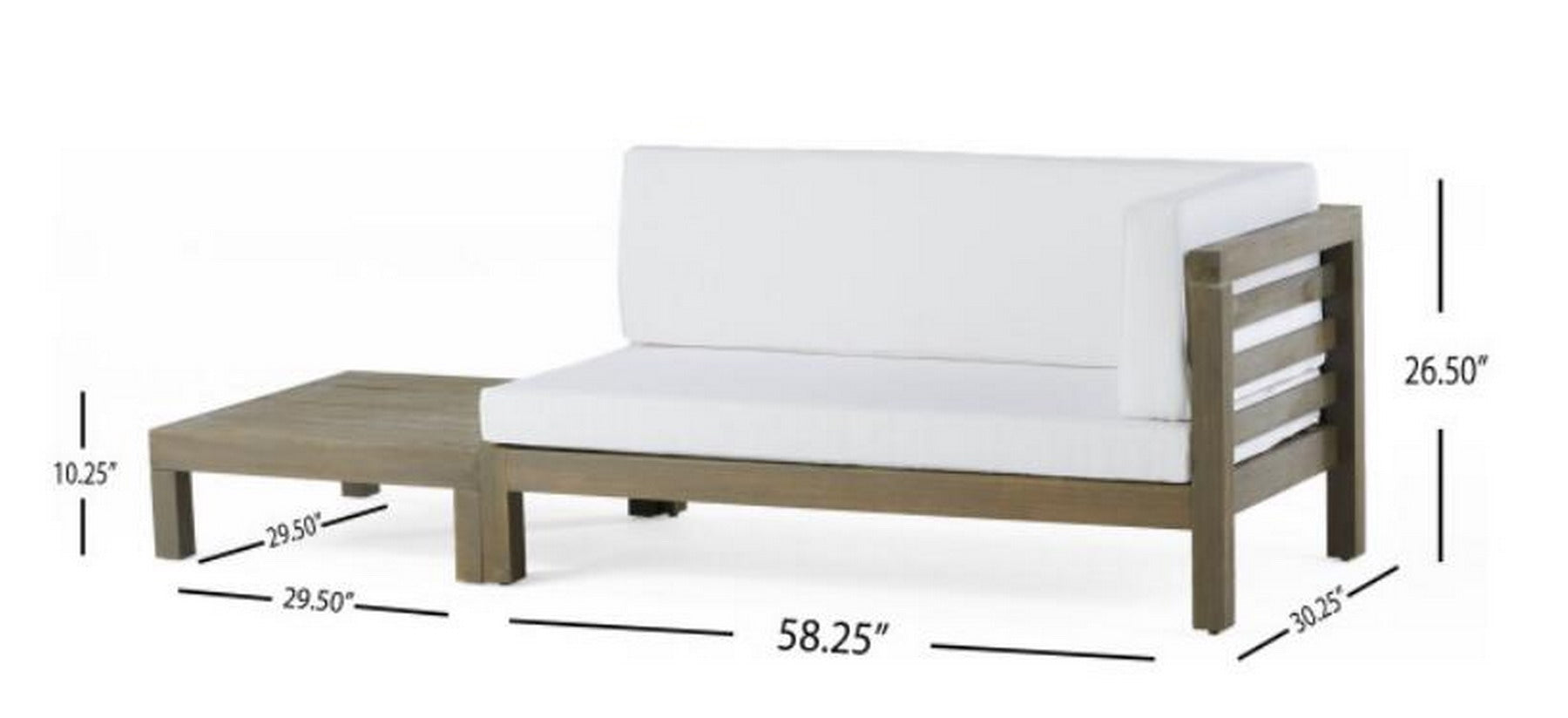 Modern grey wood outdoor sectional sofa with white cushions and attached coffee table