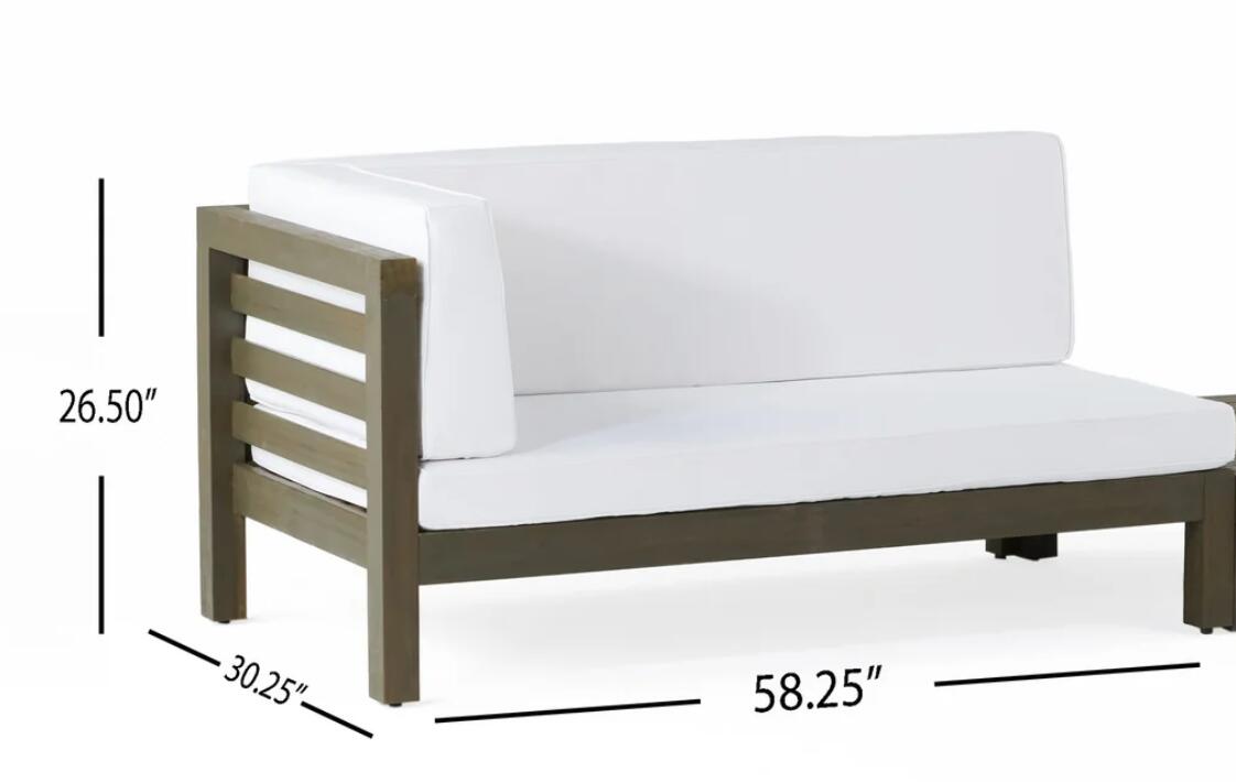 Modern grey wood sectional sofa with white outdoor cushions