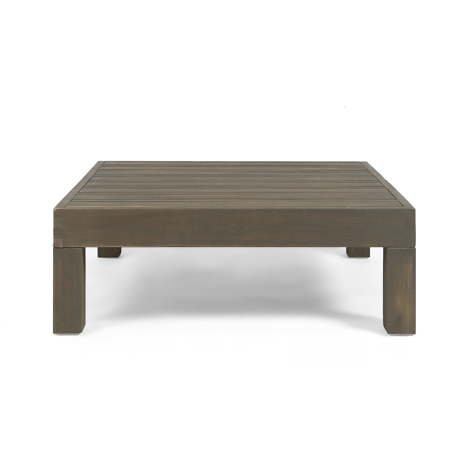 Dark brown wooden slatted square coffee table with thick legs modern patio furniture