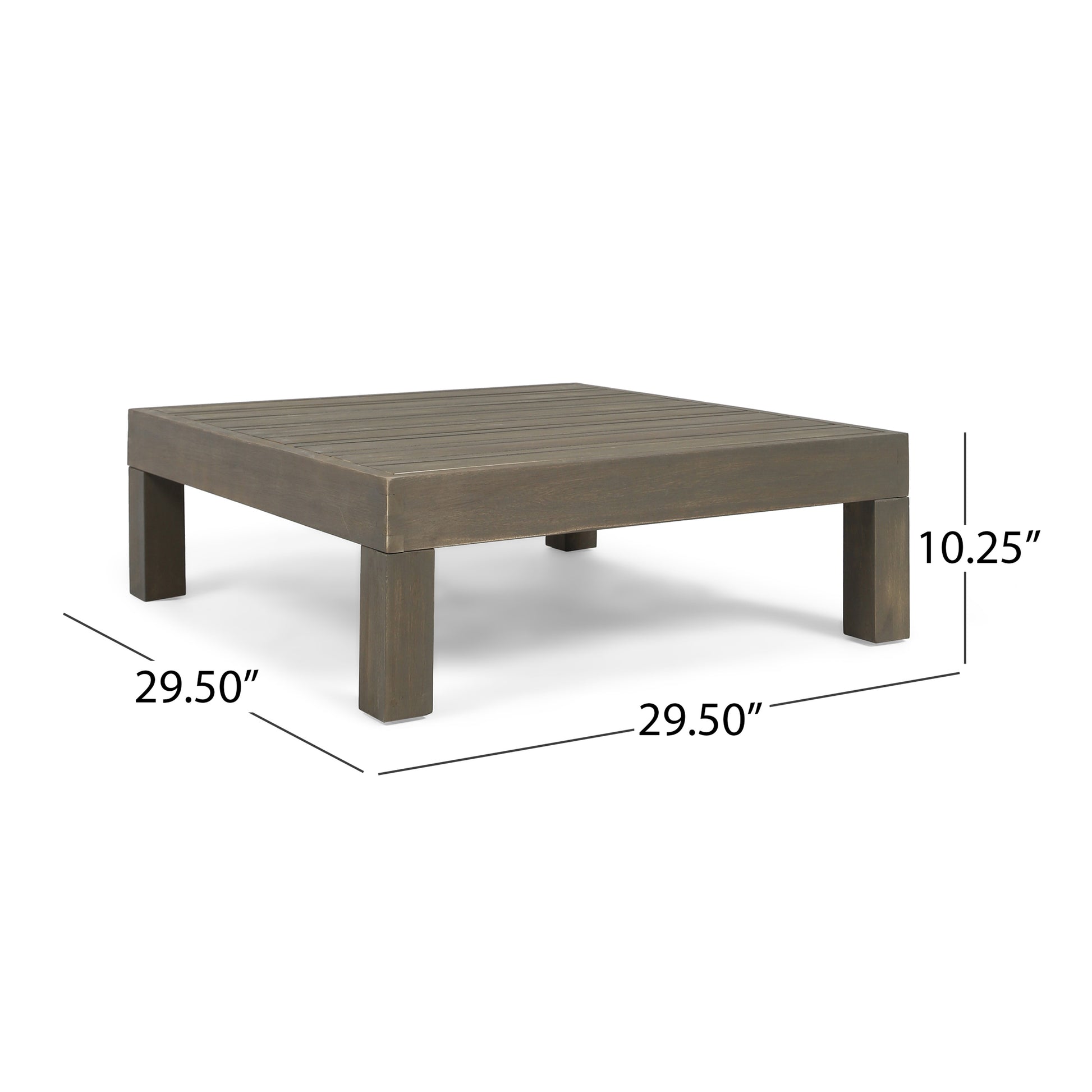 Modern gray slatted wood coffee table square design ideal for patio seating areas