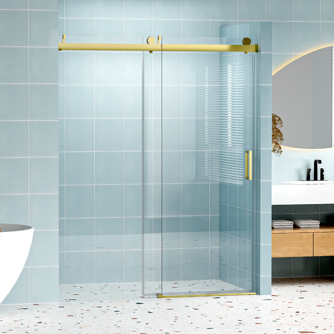 Frameless glass shower door with brushed gold hardware and smooth sliding mechanism