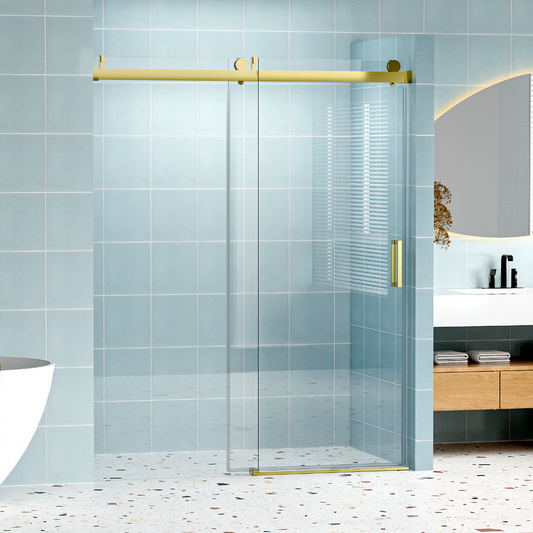Frameless glass shower door with brushed gold hardware and smooth sliding mechanism
