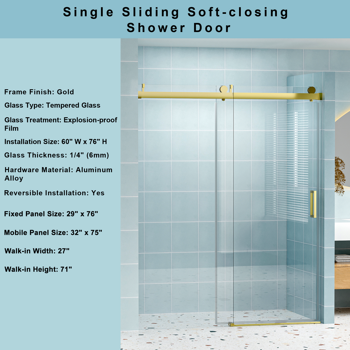 Gold frame single sliding tempered glass shower door with soft closing feature