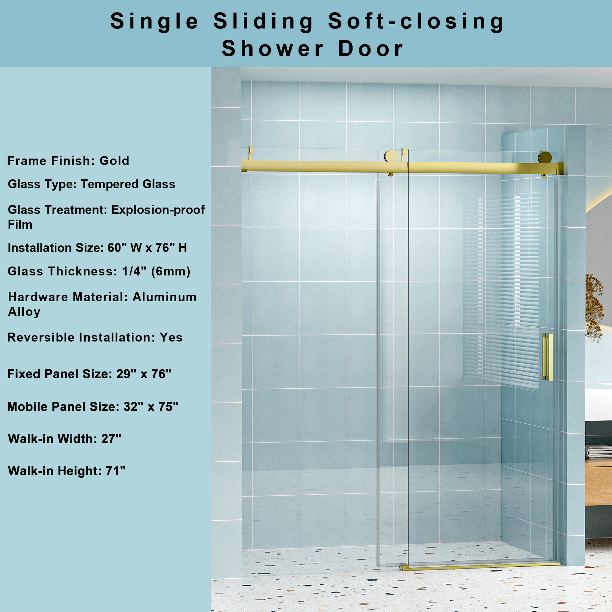 Gold frame single sliding tempered glass shower door with soft closing feature