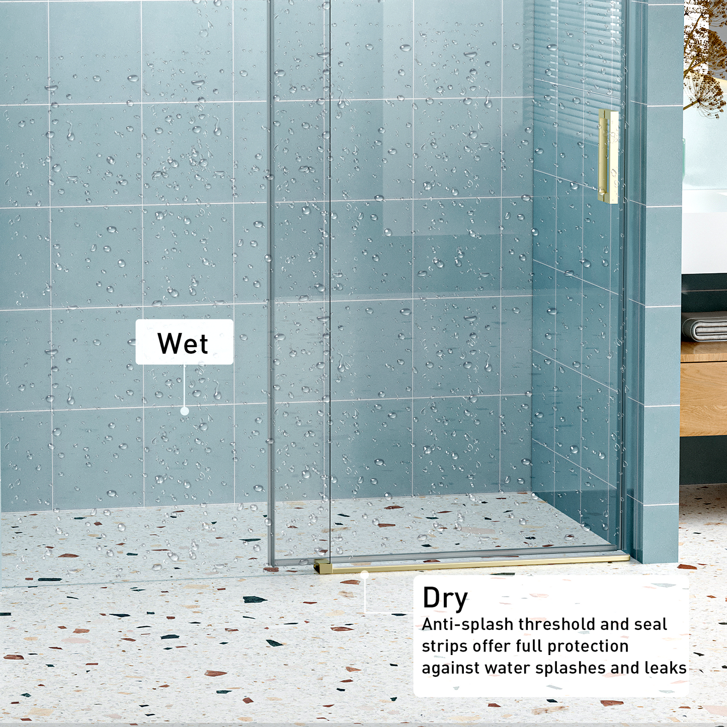 Goldhandled glass shower enclosure with water droplets on tempered glass panels