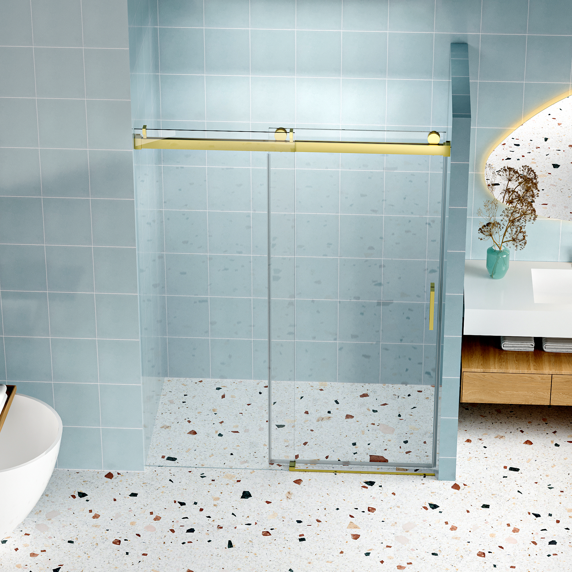 Modern gold framed sliding shower door with clear glass panels