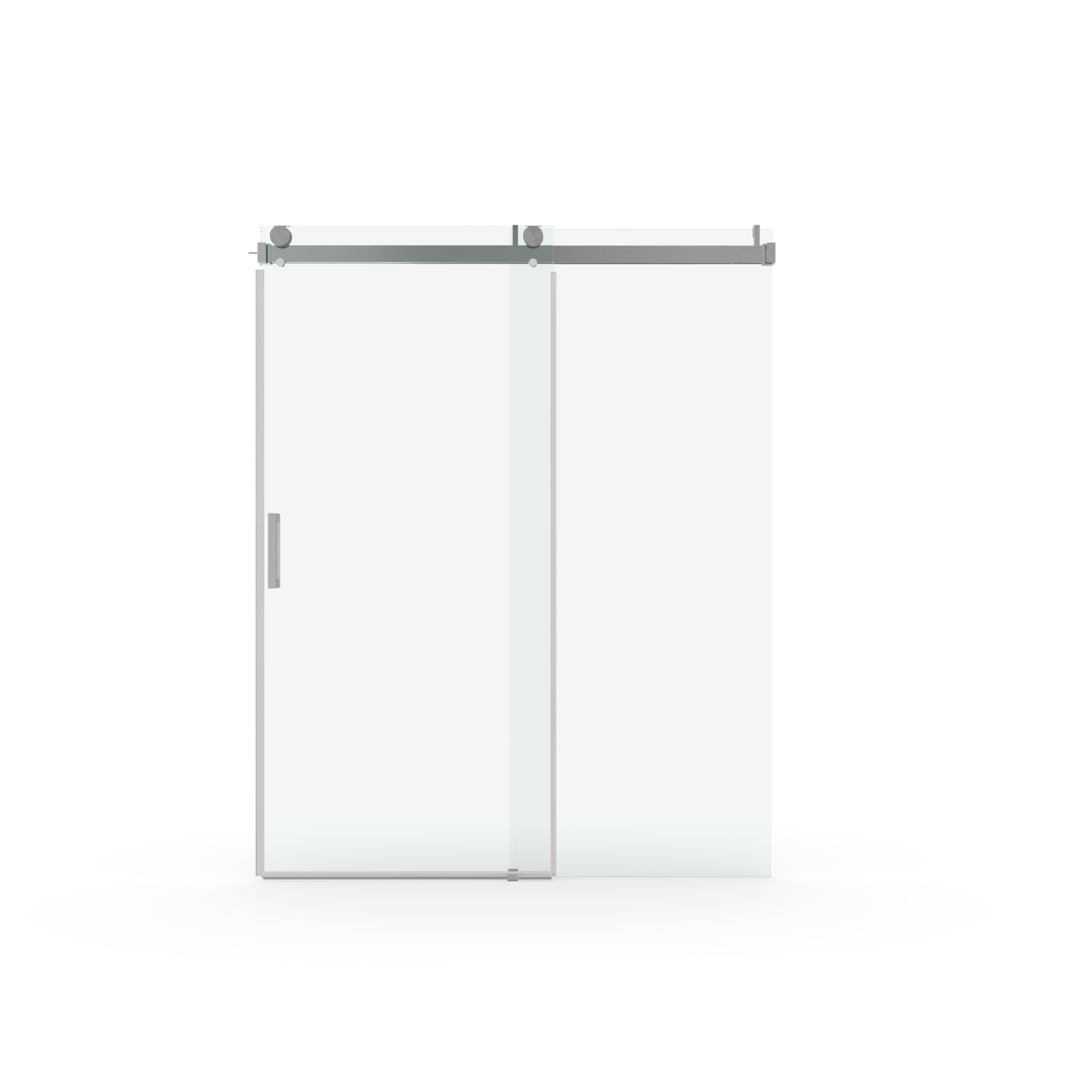 Modern sliding shower door with clear glass and brushed nickel hardware