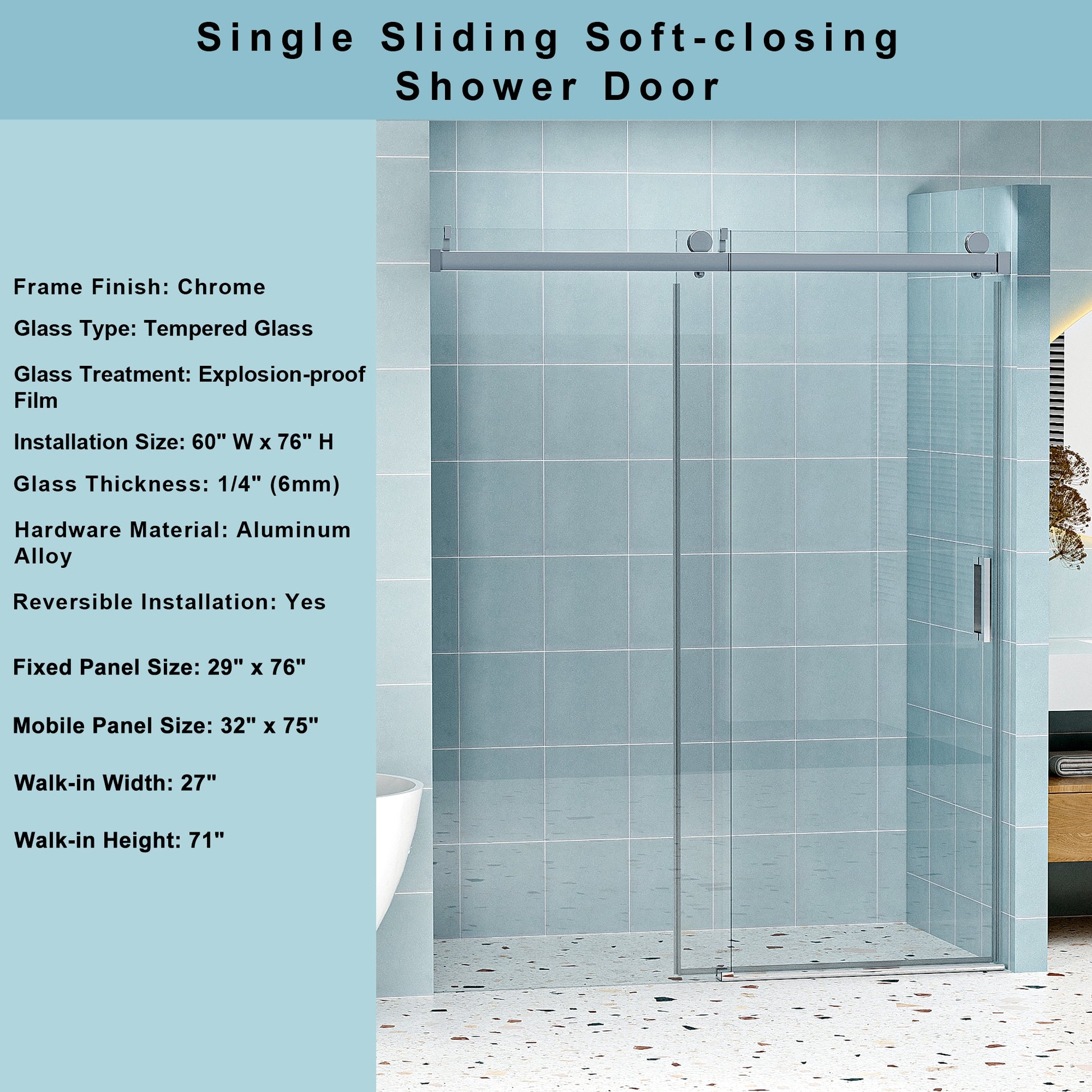 Single sliding shower door with tempered glass and chrome frame