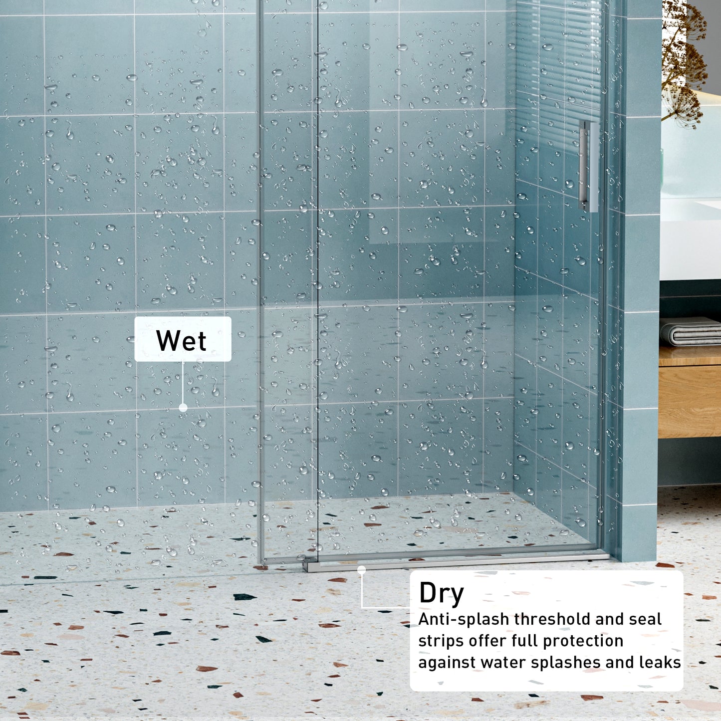 Modern frameless glass shower enclosure with chrome handle and water droplets