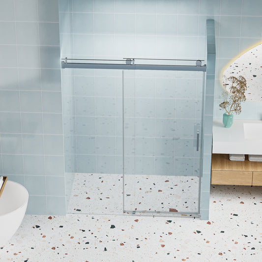 Modern frameless sliding shower door with clear tempered glass and brushed nickel hardware