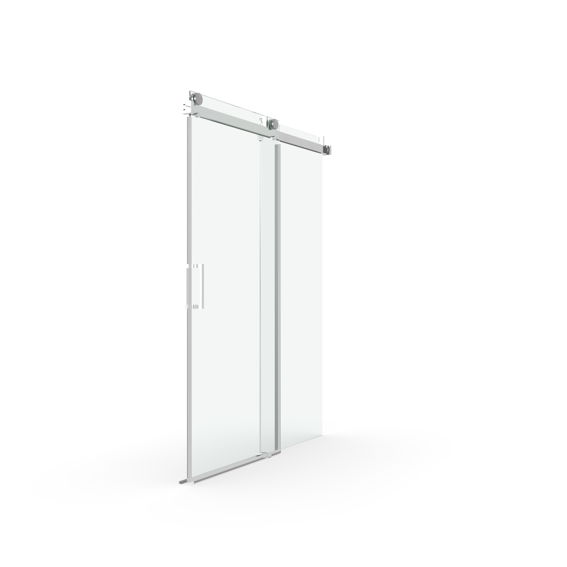 Modern frameless glass sliding shower door with brushed nickel hardware