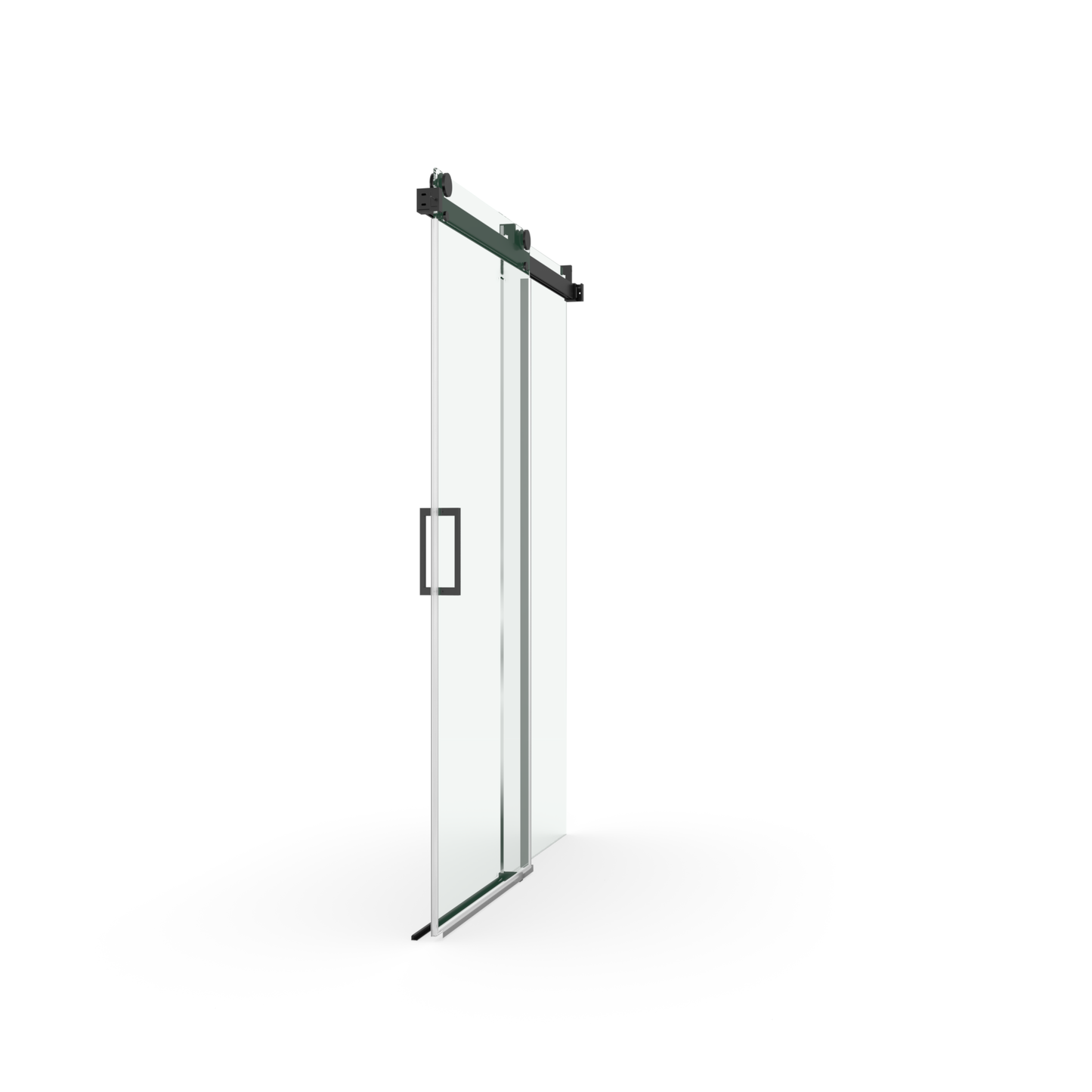 Clear glass sliding shower door with black square handle and hardware