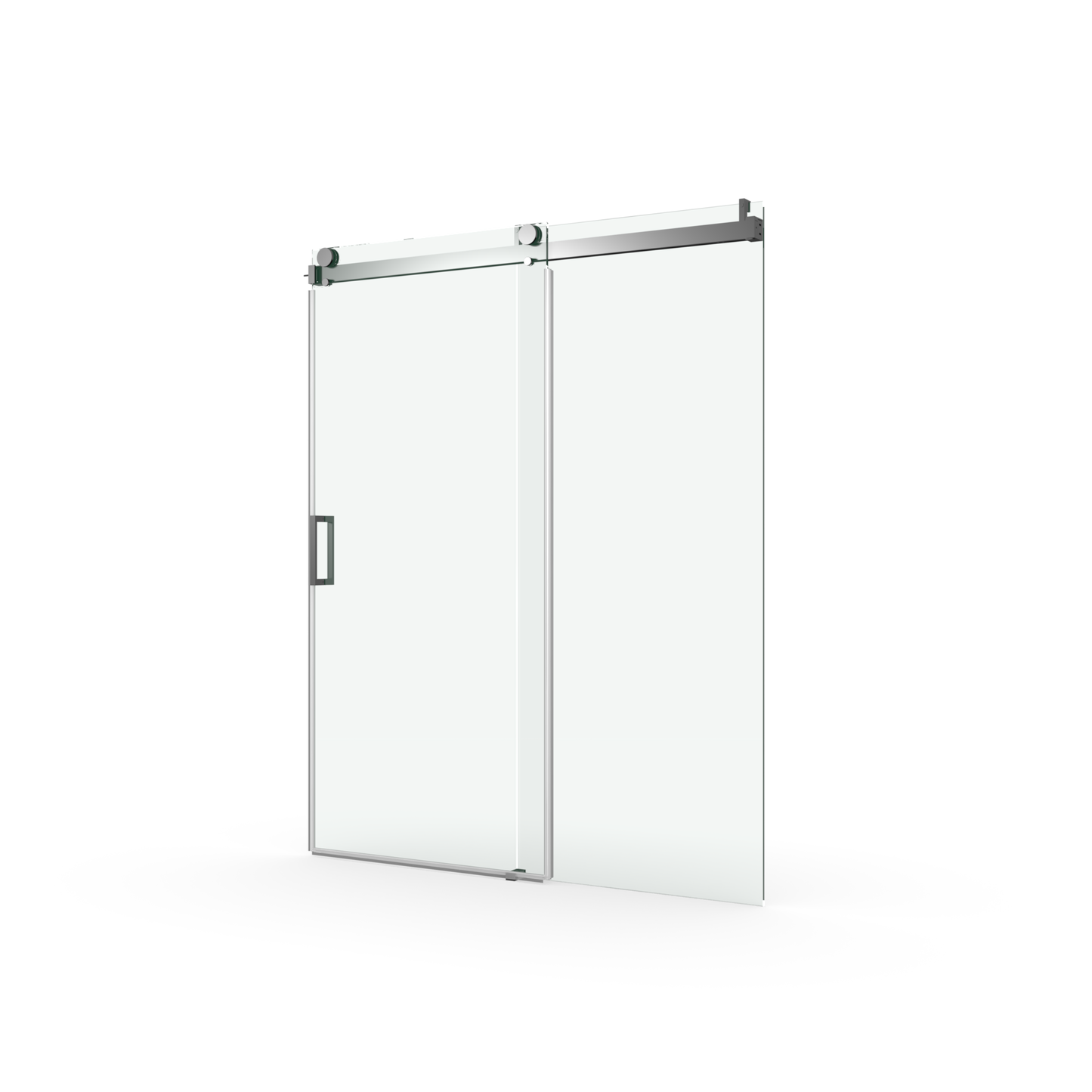 Modern frameless glass shower door with sliding mechanism and brushed nickel handle