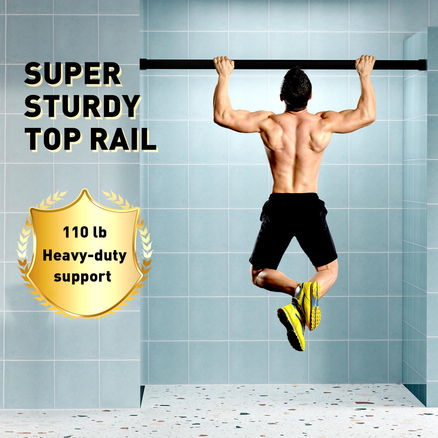 Man performing pullups on a sturdy black pullup bar