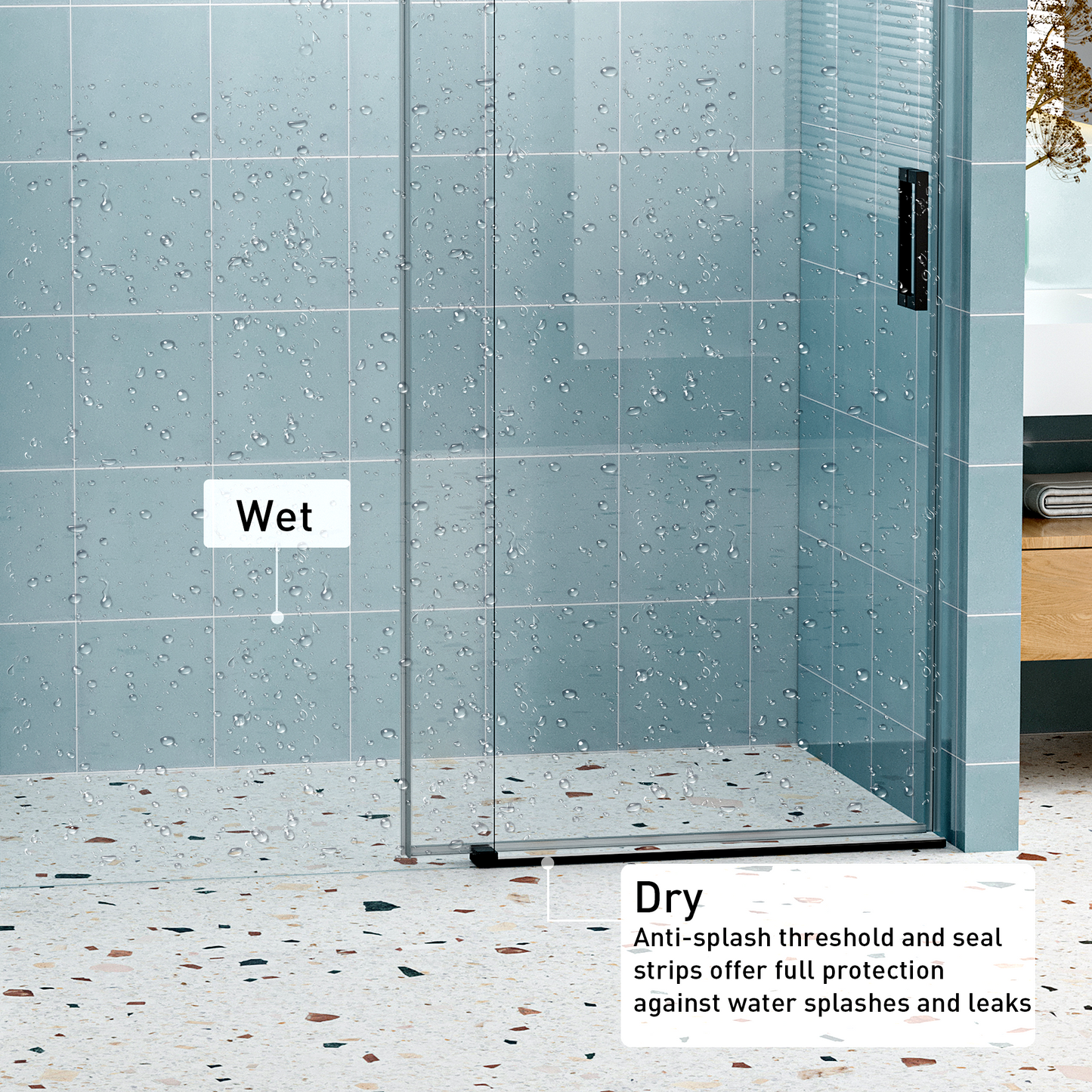 Modern glass shower enclosure with integrated antisplash threshold and seal strips