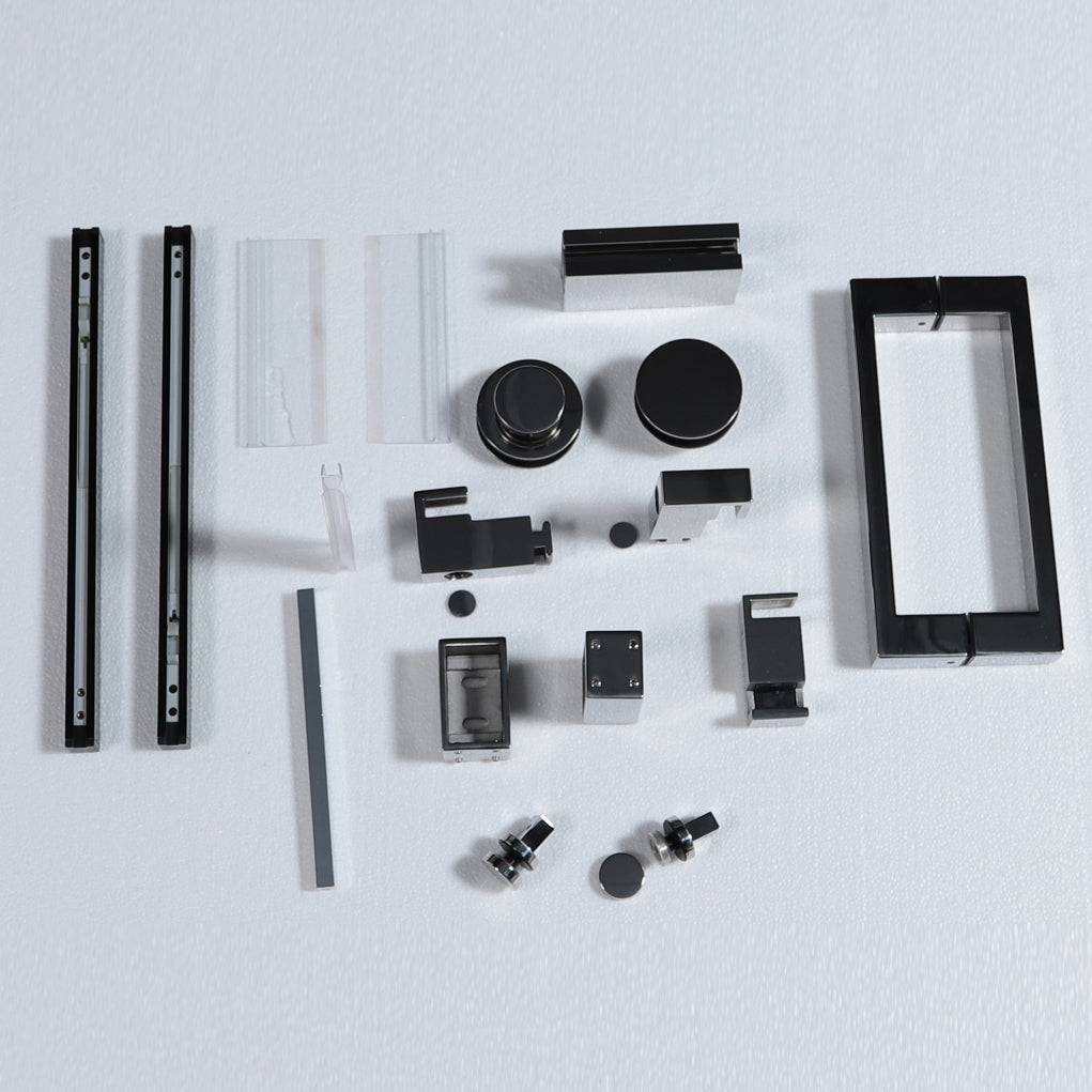 Shower door hardware kit with brushed nickel finish and various metal components