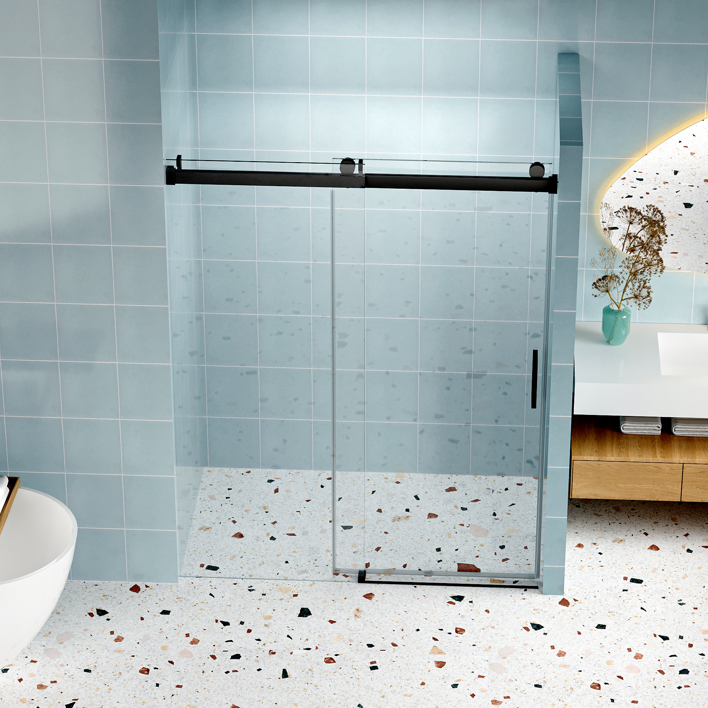 Sleek black frame glass shower door with smooth sliding mechanism for modern bathrooms