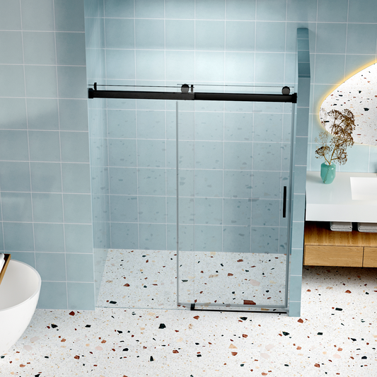 Sleek black frame glass shower door with smooth sliding mechanism for modern bathrooms