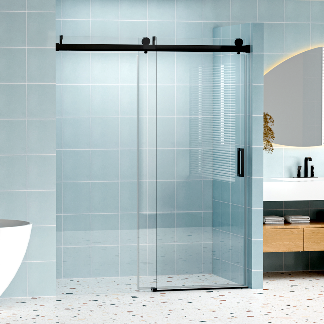 Sleek black framed glass shower door with a sliding mechanism for modern bathrooms