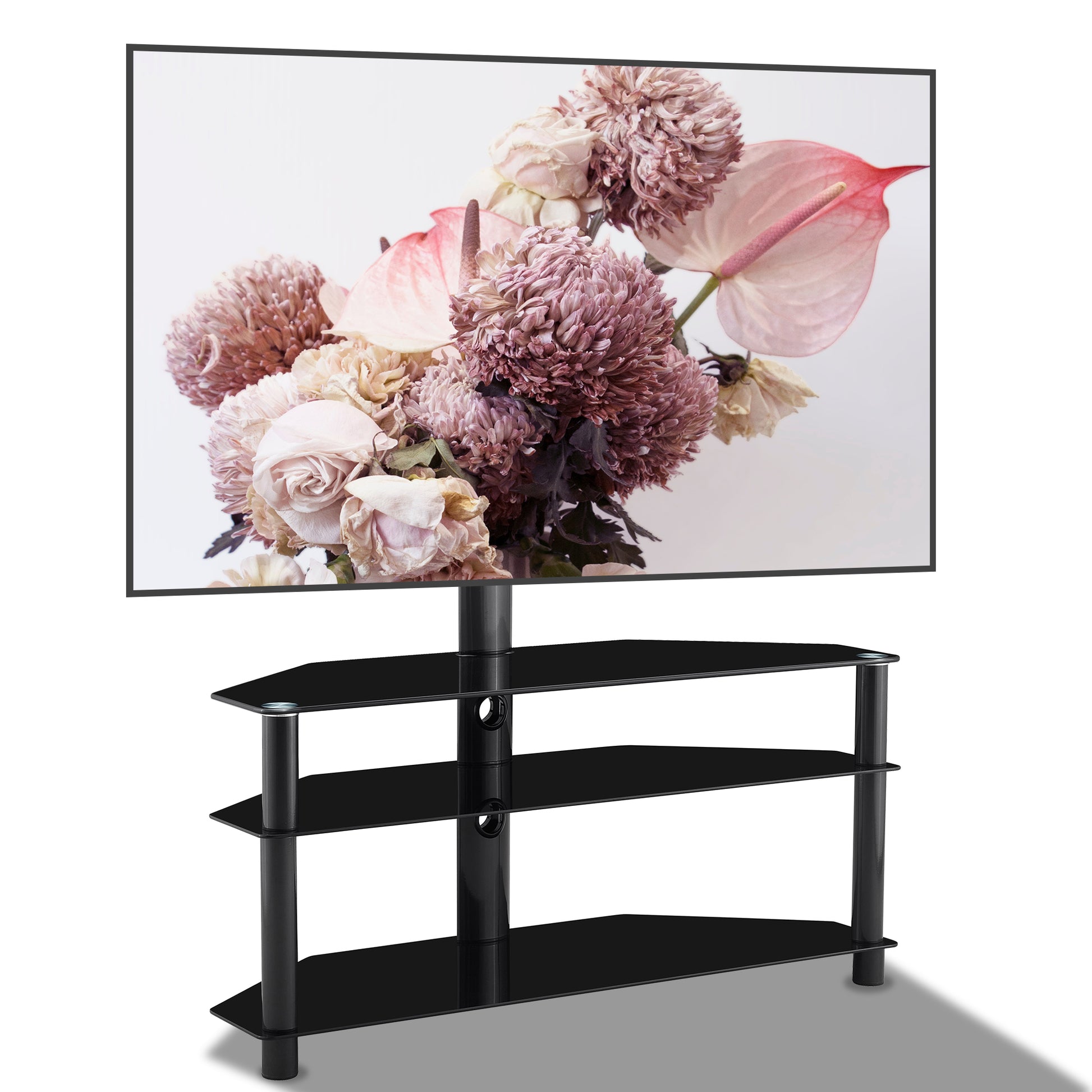 Sleek black glass TV stand with three tiers and a central pole for media consoles