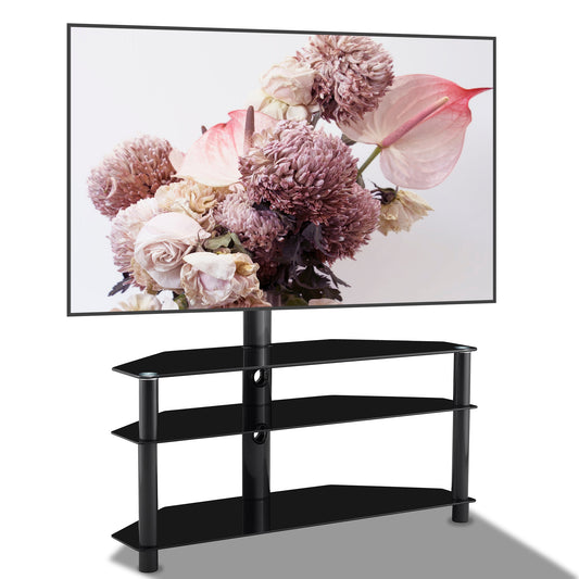 Sleek black glass TV stand with three tiers and a central pole for media consoles