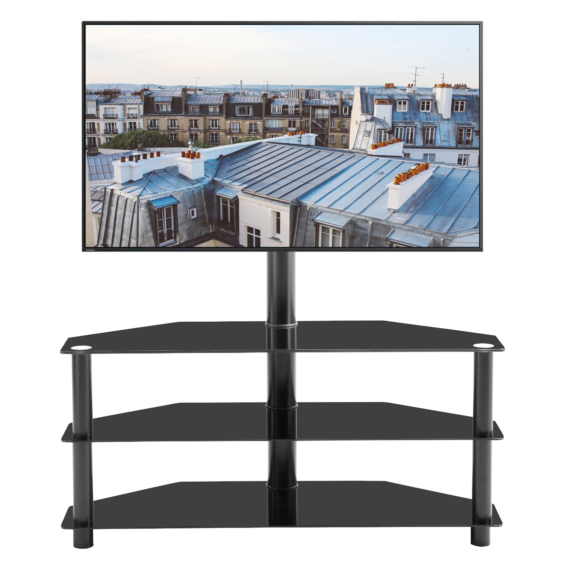 Black glass TV stand with three shelves and a central column supporting a flatscreen television