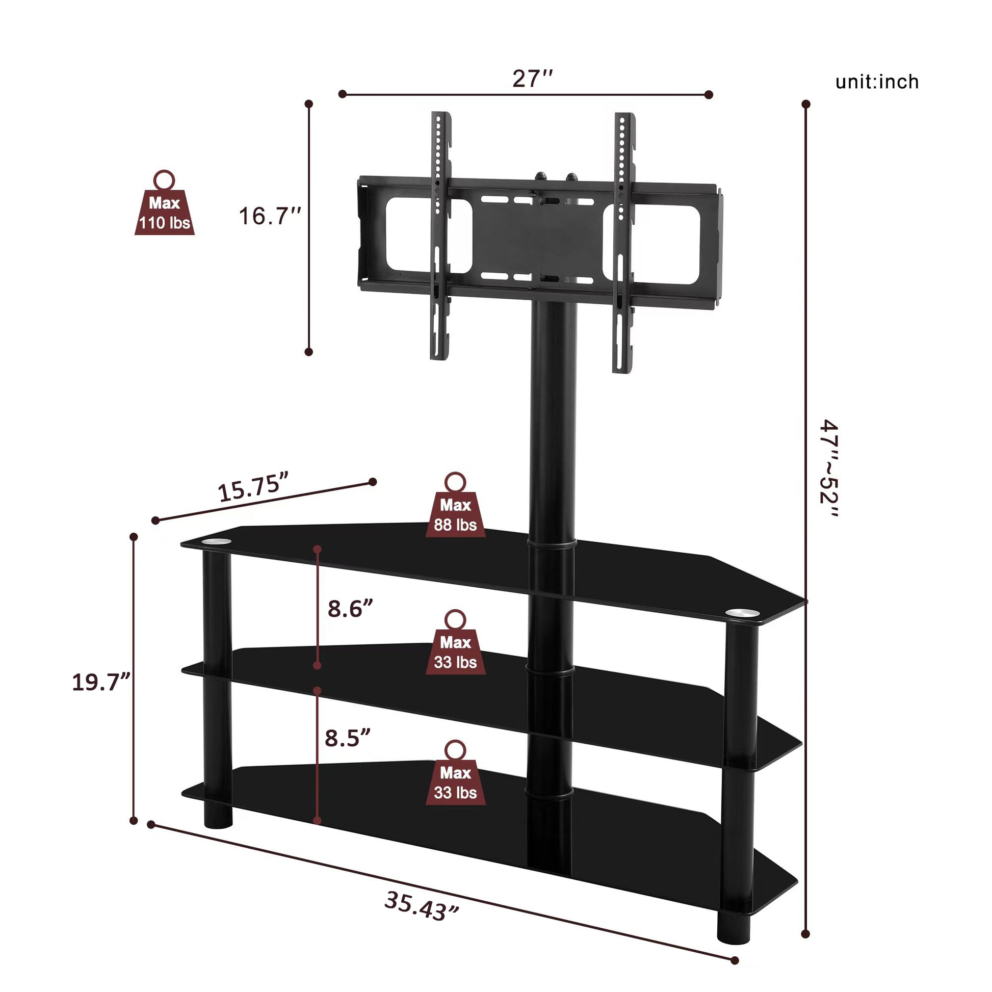 Black shelf TV stand with adjustable height mount  tall  wide