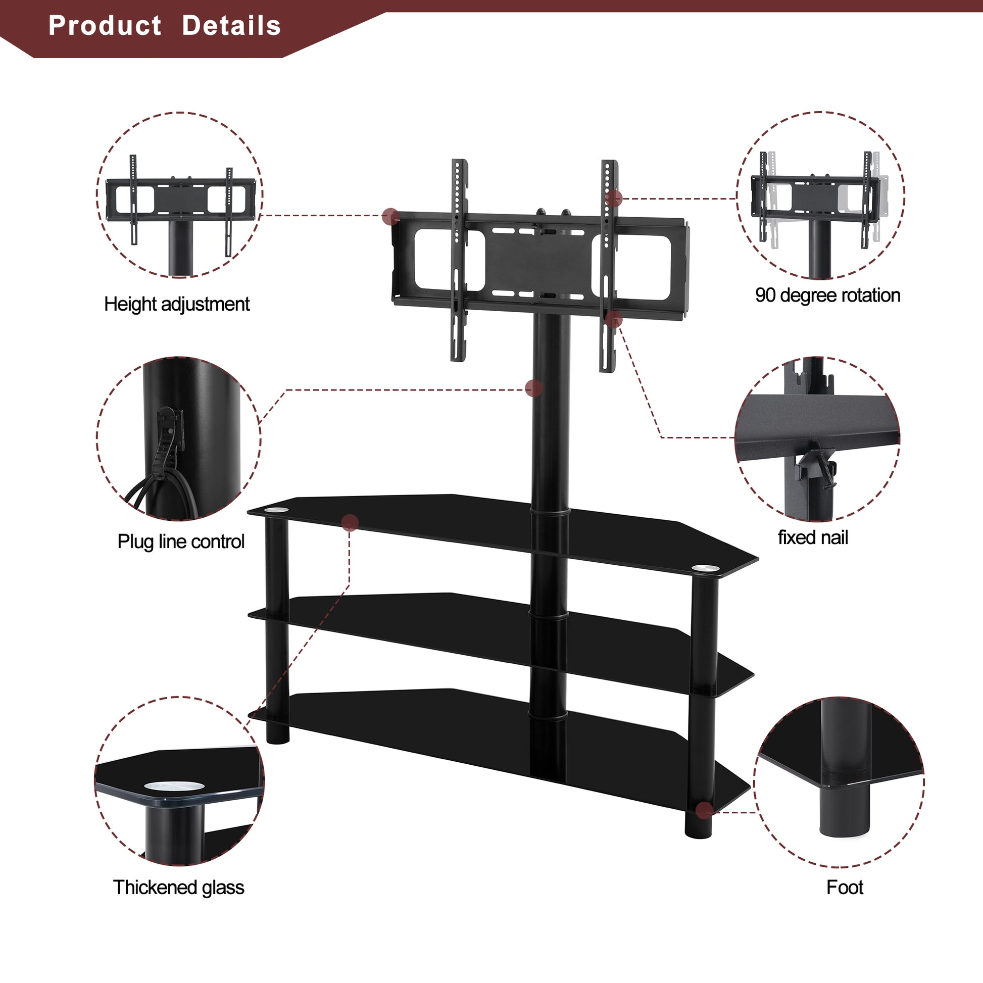 Black TV stand with height adjustment and degree rotation capability