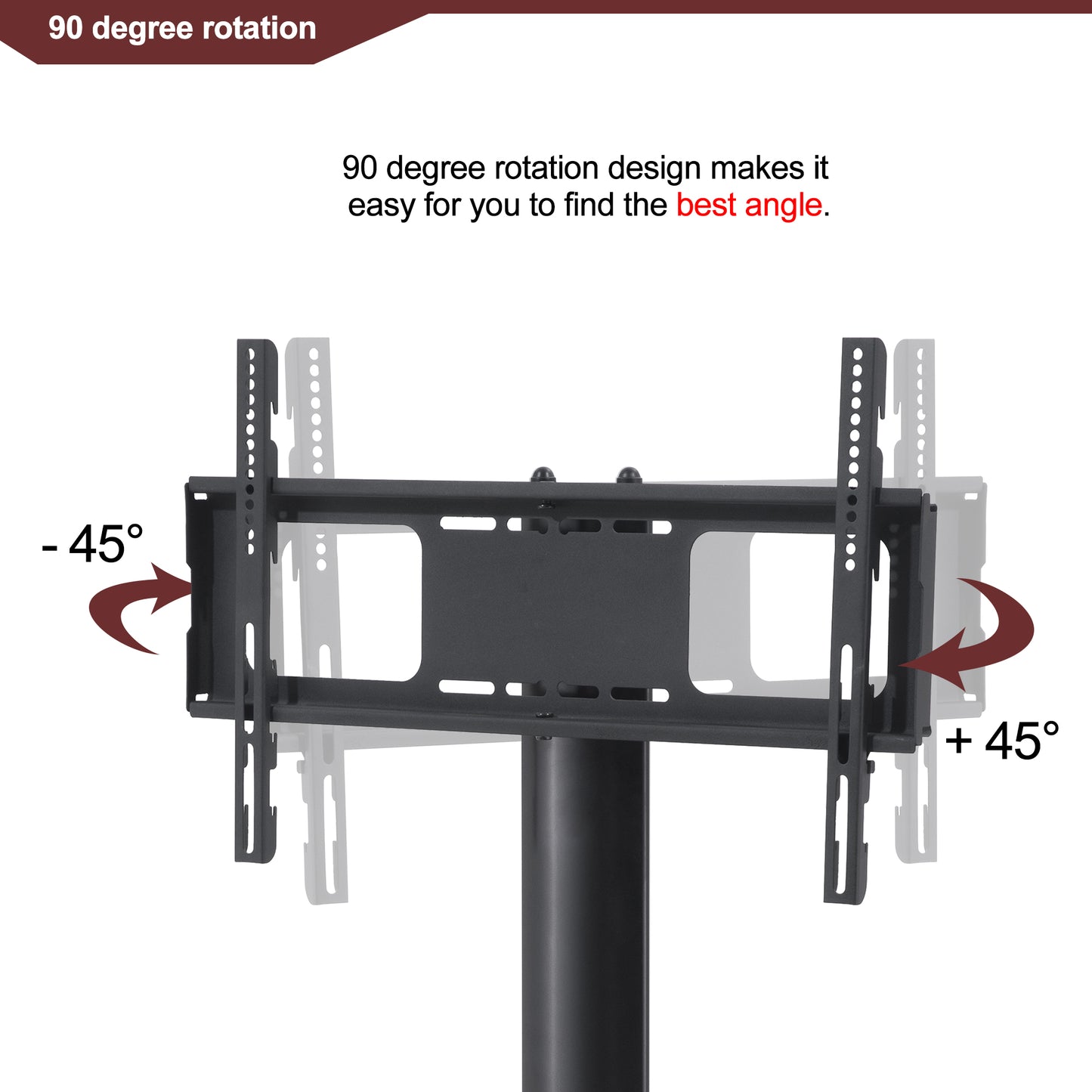 Black metal TV stand mount with degree rotation feature for optimal viewing angles