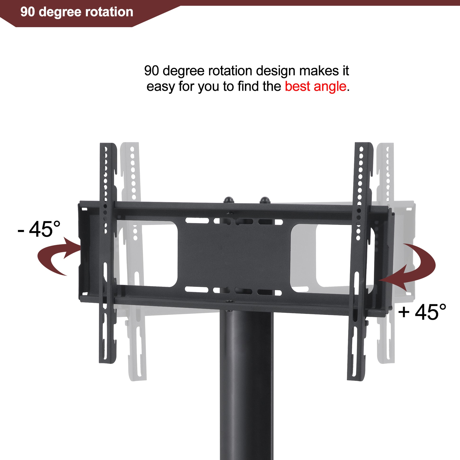Black metal TV stand mount with degree rotation feature for optimal viewing angles