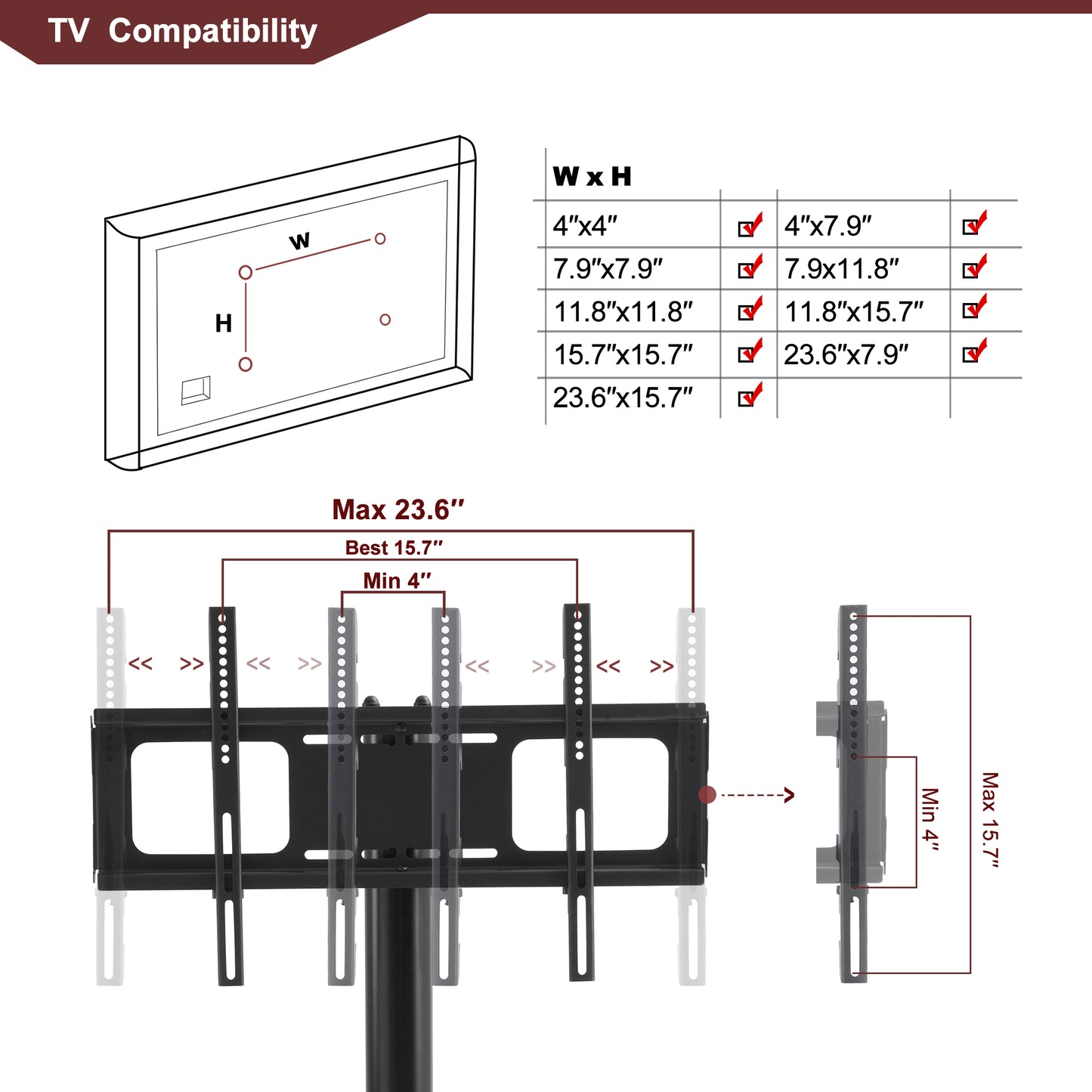 Diagram illustrating TV mount compatibility dimensions showing VESA hole patterns