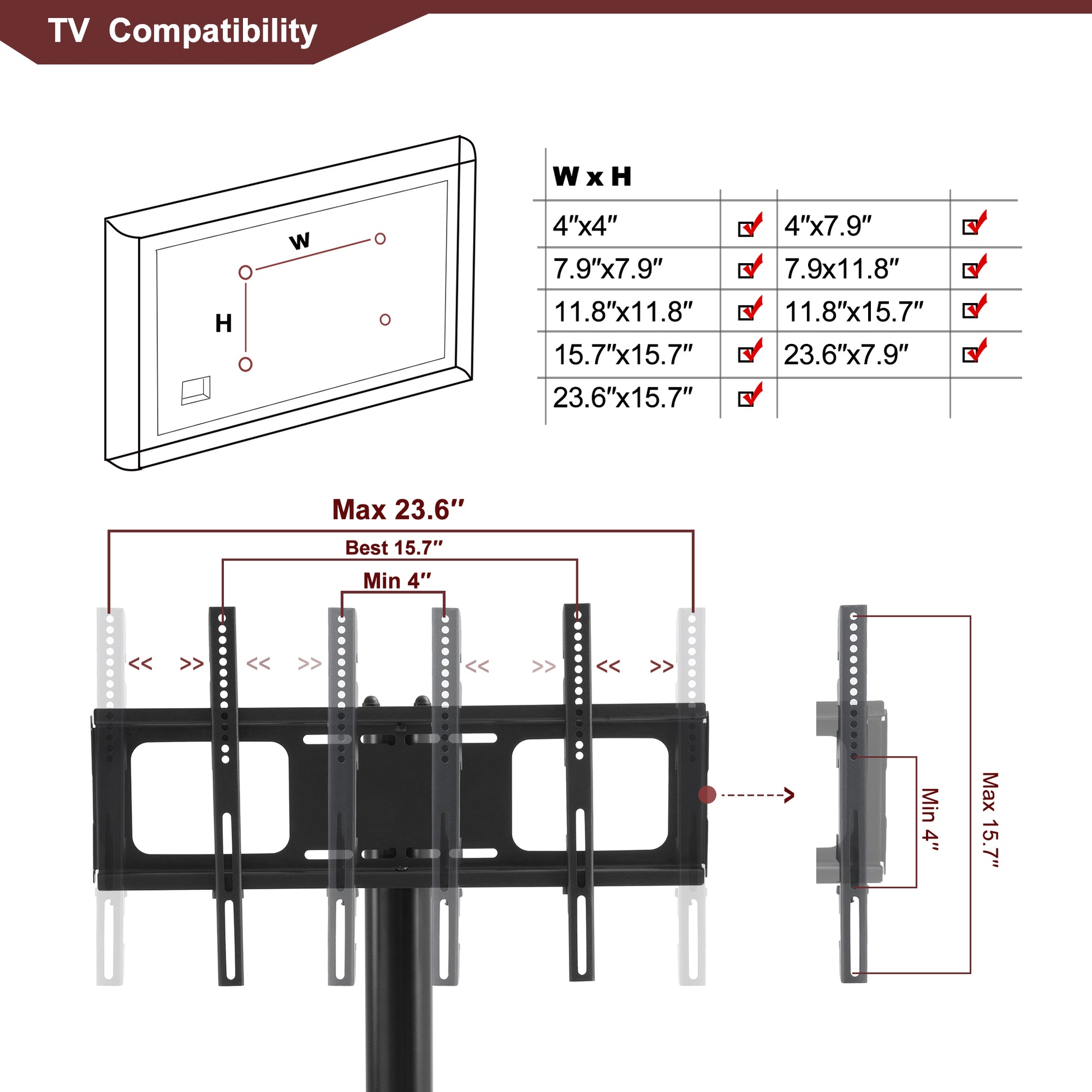 Diagram illustrating TV mount compatibility dimensions showing VESA hole patterns
