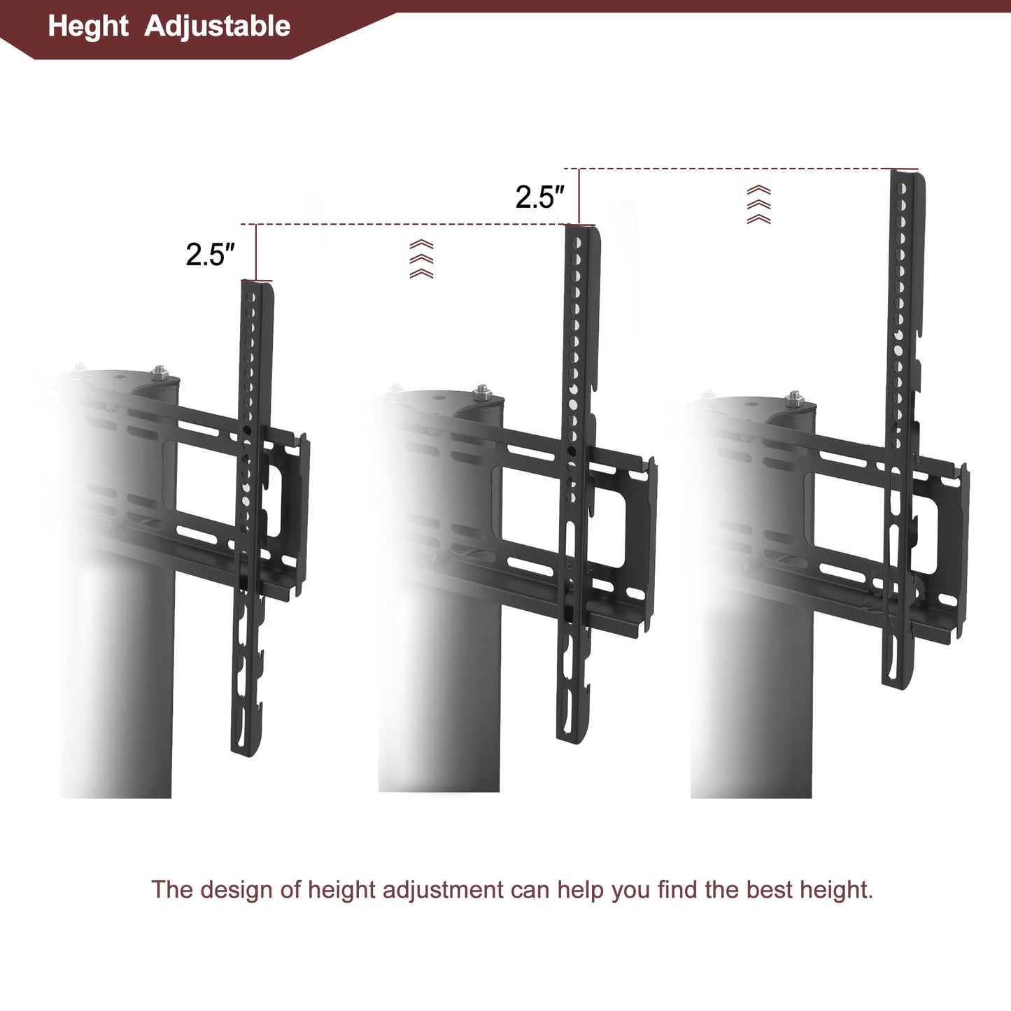Black metal TV mount bracket with adjustable height mechanism